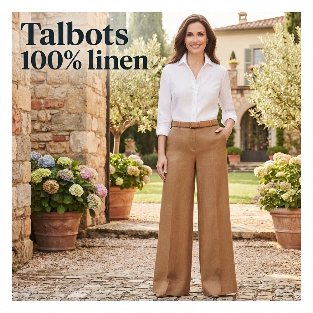 Talbots Signature 100% Linen Wide Leg Trousers Camel Tan Pants Womens 4 Workwear